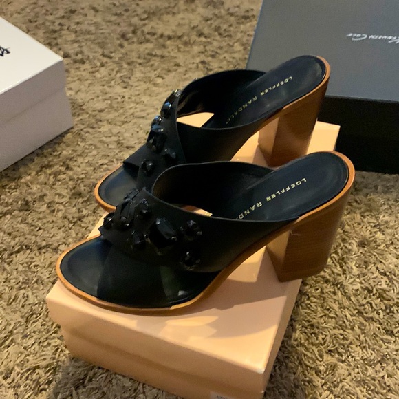 Loeffler Randall black jeweled slides stack heel leather upper/sole size 8 - Picture 1 of 5